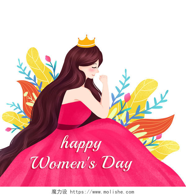3月8号女神节卡通女王人物和鲜花植物PNG素材38女生女神妇女节